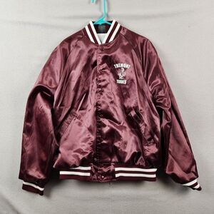 Vtg Aristo Jac Tremont Turks Sz L Maroon Satin Bomber Jacket Made In USA